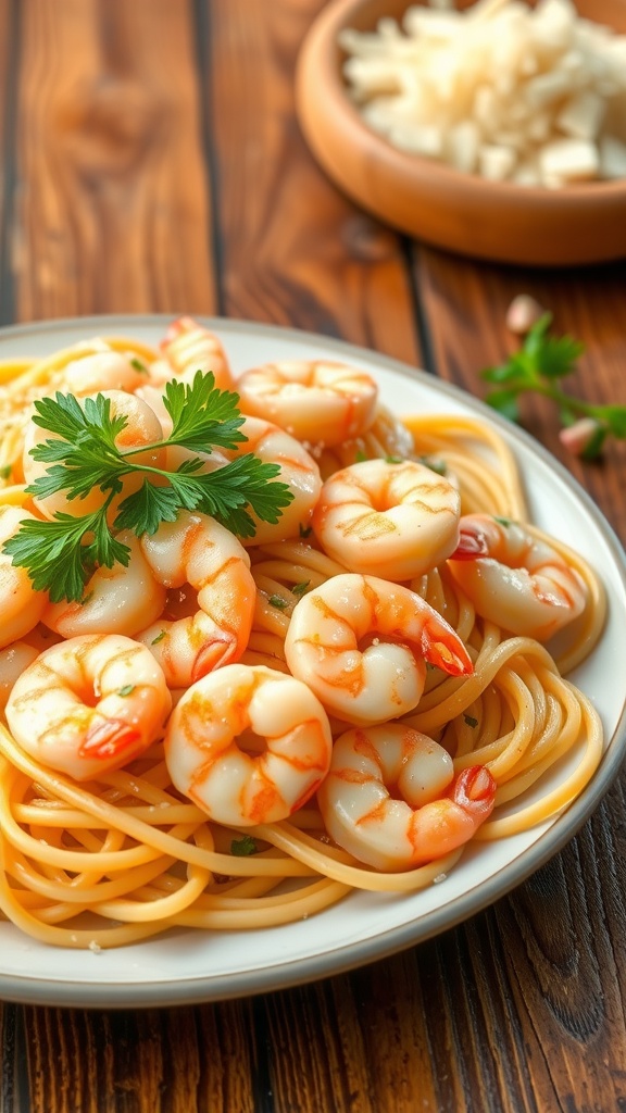 Delicious garlic shrimp pasta with spaghetti, shrimp, and parsley on a rustic wooden table.